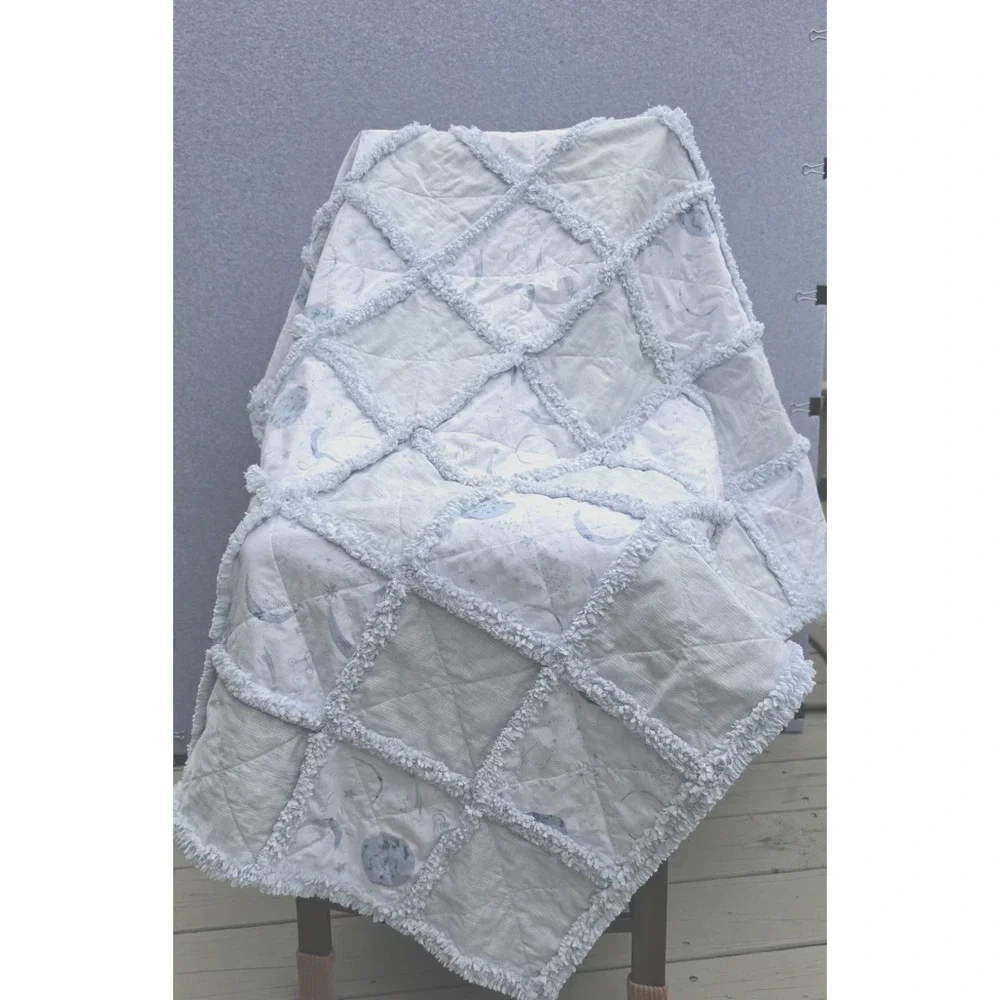 Handmade Night Sky Rag Quilt Throw Blanket Blue/White New--66 in x 50 in